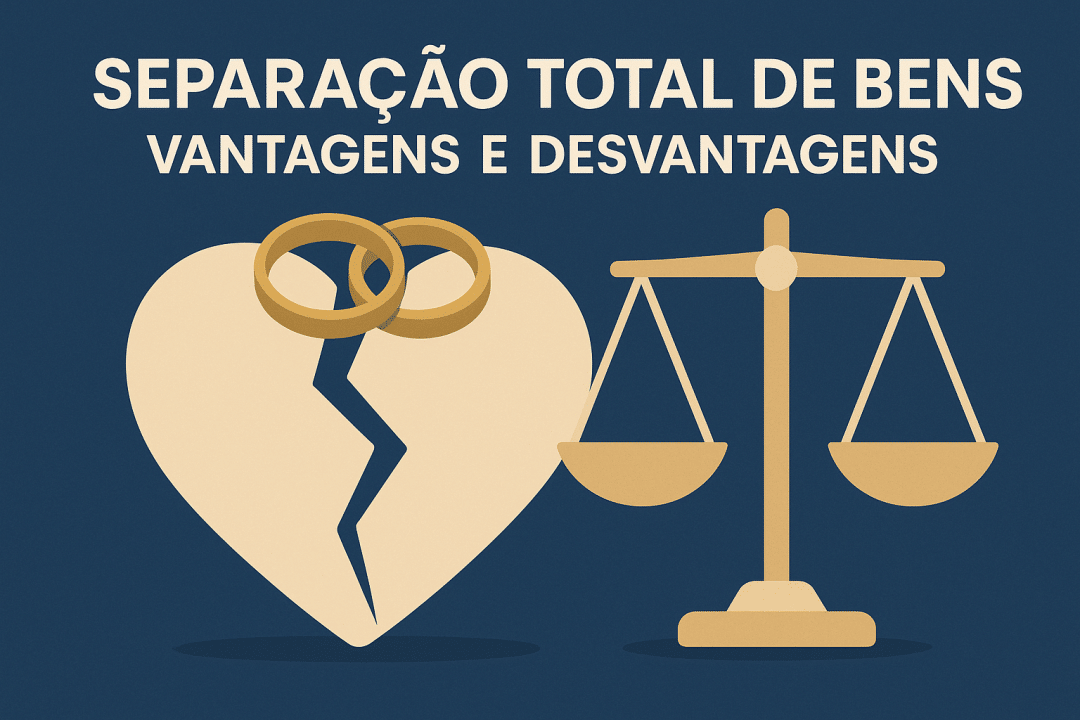 Imagem com coração partido, alianças de casamento e balança da justiça representando separação total de bens