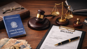 Documentos e itens jurídicos relacionados ao benefício BPC LOAS, com formulário, carteira de trabalho e símbolos da justiça