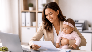 Mulher MEI analisando documentos enquanto segura um bebê, representando o auxílio-maternidade para microempreendedoras individuais.